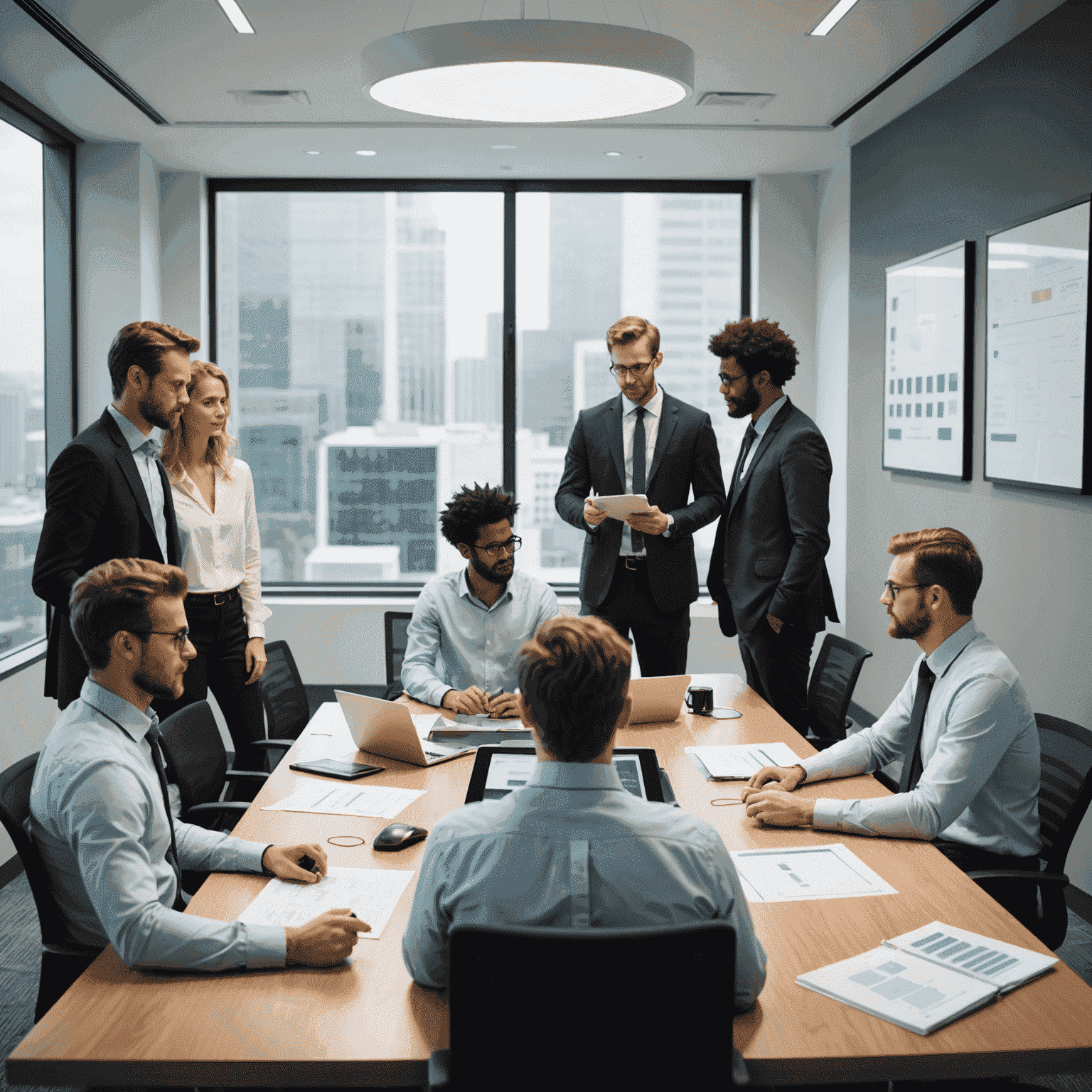 A team of IT consultants collaborating on a project, with computers and documents on a conference room table