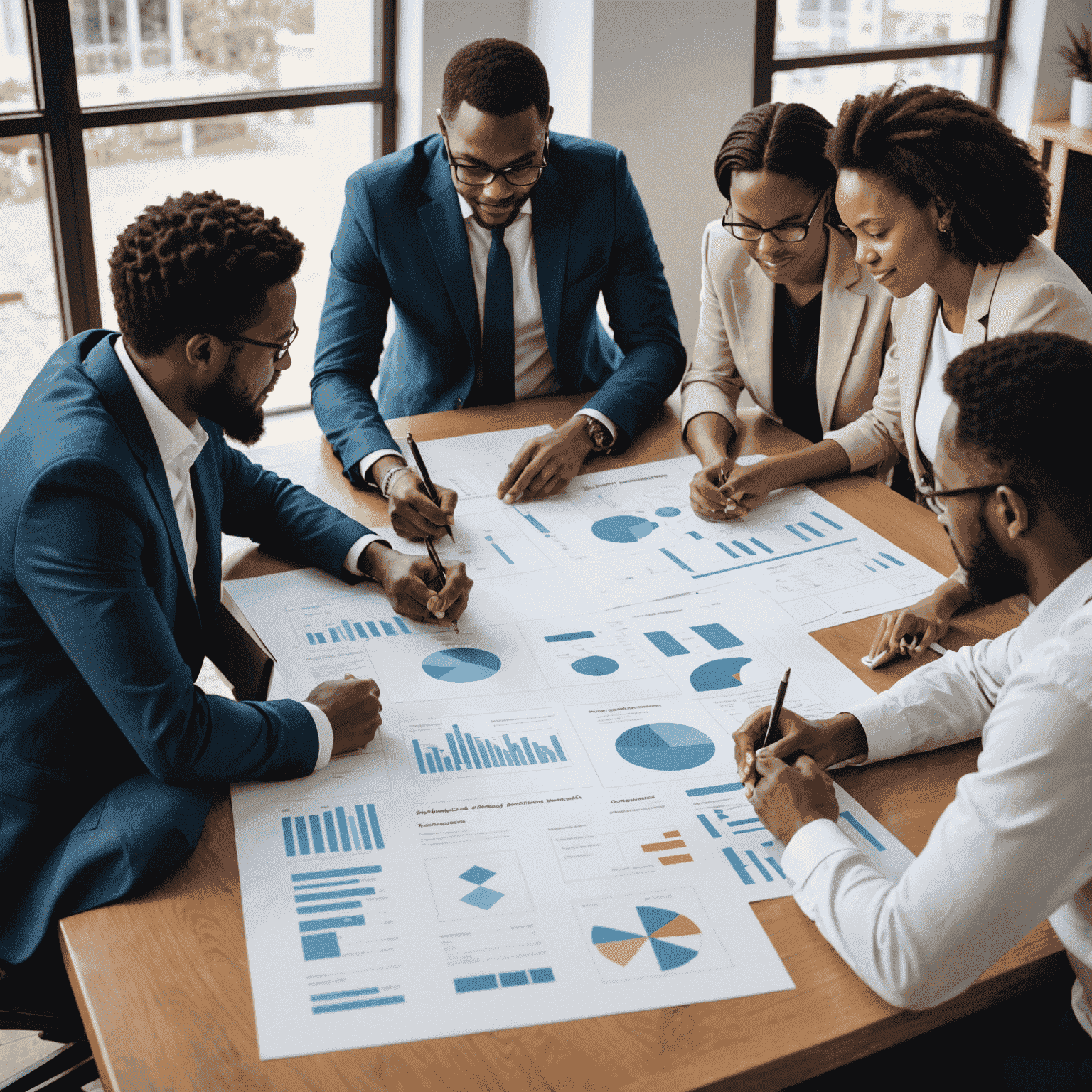 A team of zuluiq consultants collaborating around a table, discussing process improvement strategies and reviewing flowcharts and diagrams.