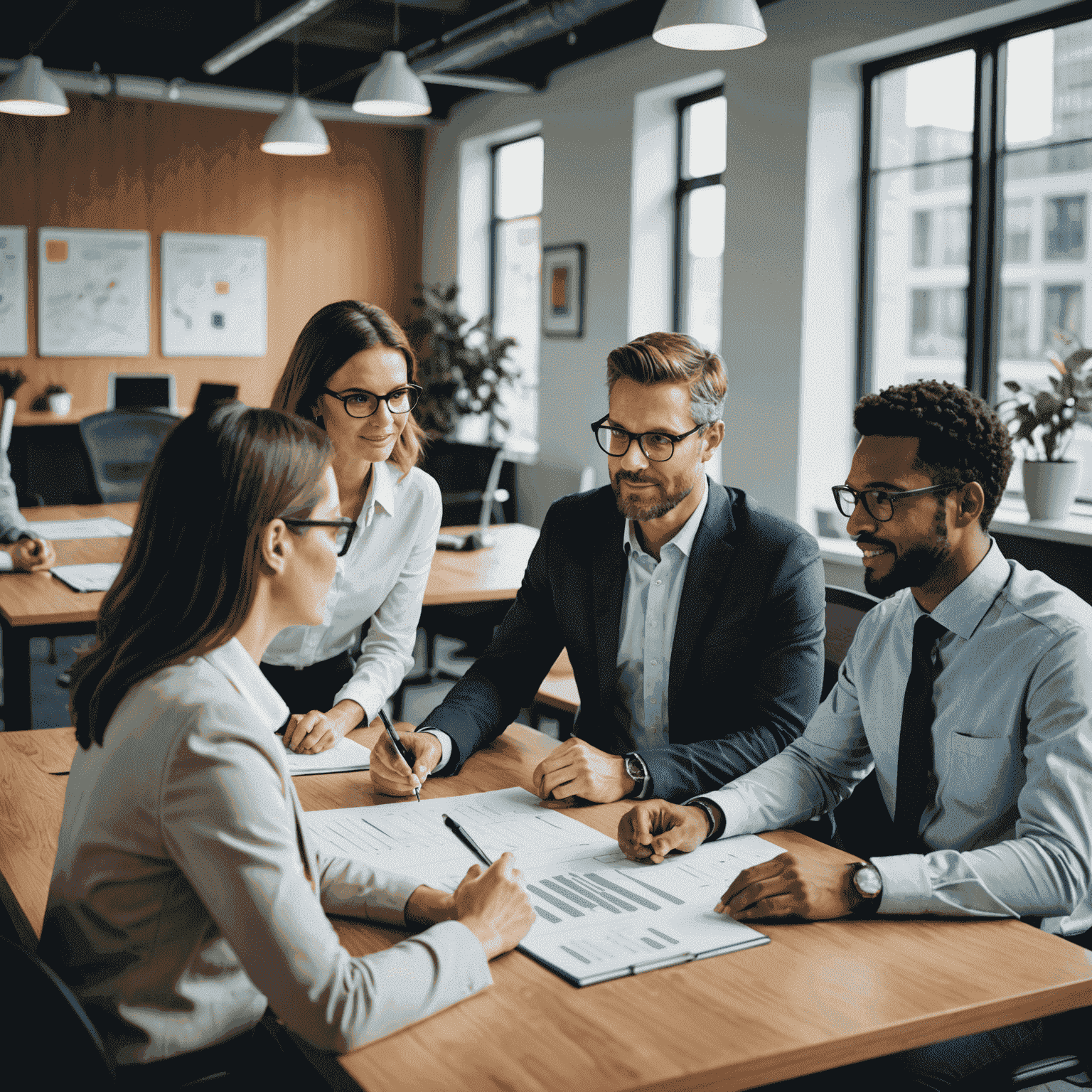 Businesspeople discussing process improvement strategies in a modern office setting